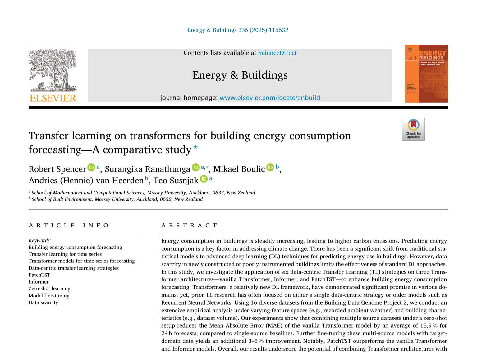 First page of Spencer et al. (2025) in Energy and Buildings: title, authors from Massey University, and abstract on transfer learning with transformers for building energy forecasting.